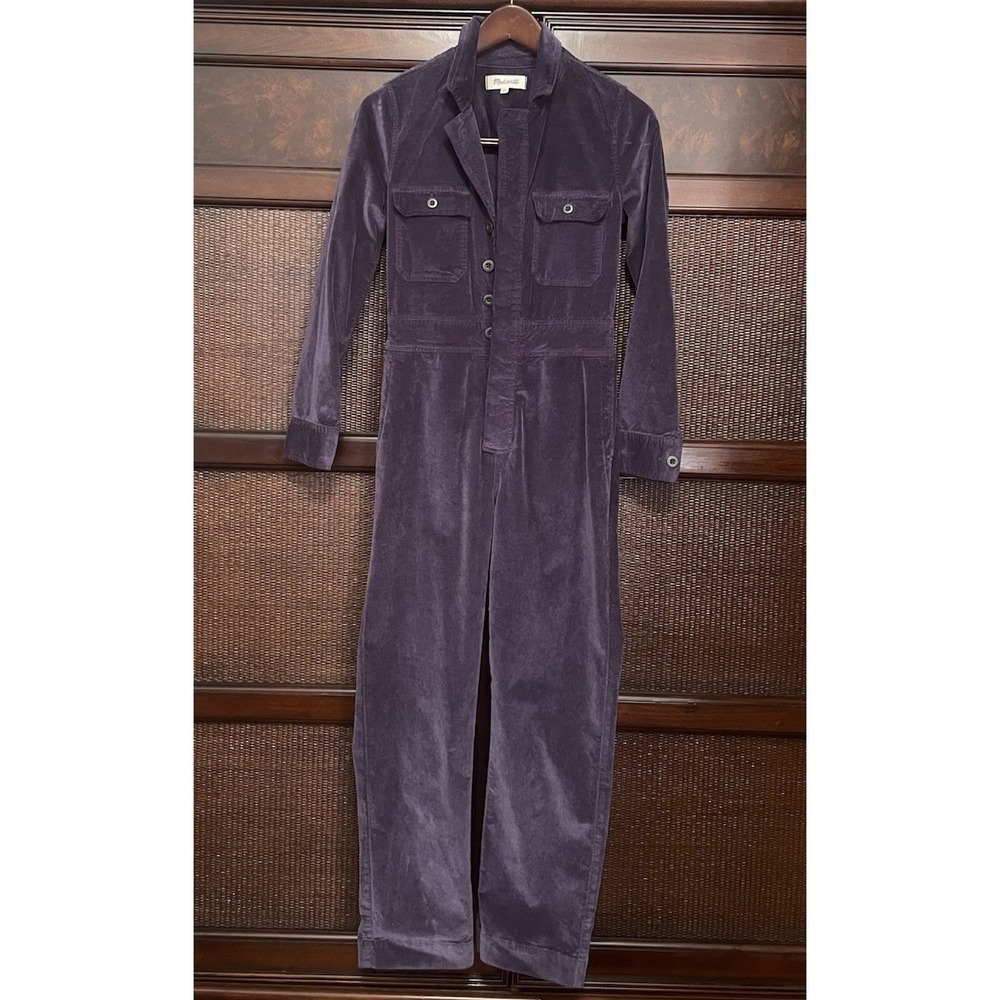 Madewell Purple Eggplant Stretchy Velvet Velveteen Slim Coverall Jumpsuit Sz 00 - Picture 2 of 13